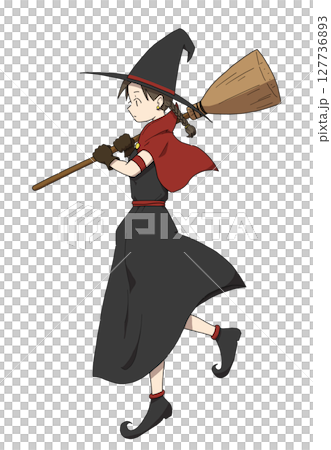 A girl witch carrying a broom and wearing a tricorn hat 127736893