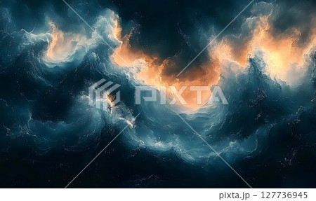 Dramatic ocean waves with golden light breaking through the dark 127736945