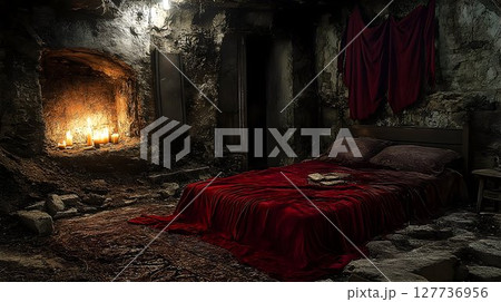 Dark grunge bedroom in ruined building fireplace candles 127736956
