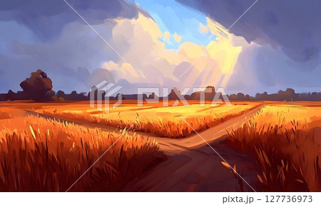 Golden Wheat Field Under Dramatic Sky with Converging Paths, a D 127736973
