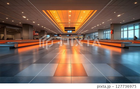 Modern Airport Terminal Interior with Illuminated Ceiling and Mo 127736975