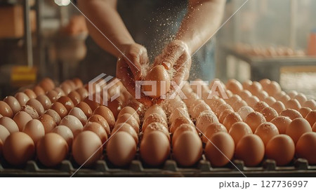 Hands Dusting a Single Egg Amidst Rows of Eggs 127736997