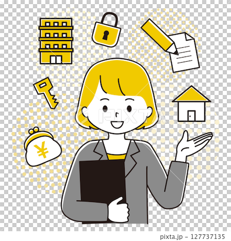 一位身穿西裝的女士正在參觀的插圖房地產問卷調查表 127737135