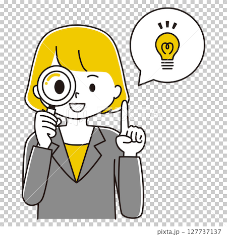 Illustration of a woman in a suit looking into a magnifying glass, pointing at a light bulb 127737137