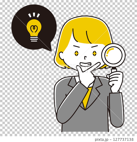 虫眼鏡を覗き込むスーツ姿の女性のイラスト　かっこつける　豆電球 127737138