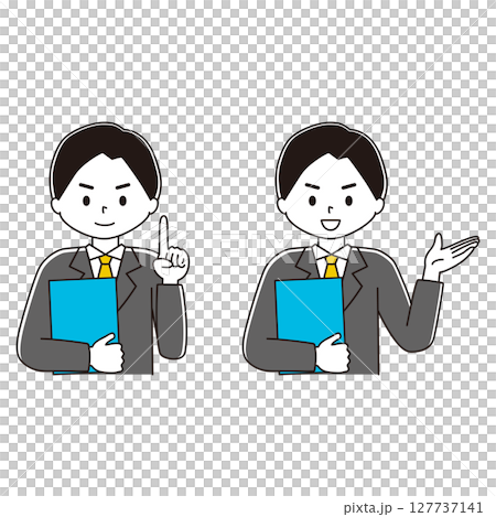 圖解集:一位穿著西裝的男人面帶微笑地指路 圖解集:一位穿著西裝的男人面帶微笑地指路 127737141