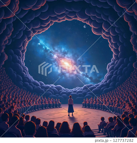 Large auditorium of the planetarium. A fascinating scene of an educational and introductory process in a large auditorium of applicants. 127737282