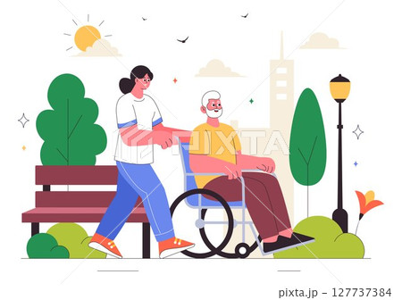 Elderly Care Services Vector Illustration Featuring Life with a Caregiver, Nursing Home, Assisted Living, and Support in a Flat Style Background 127737384