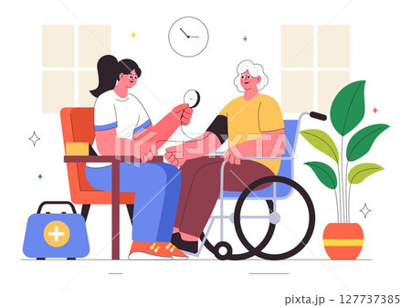 Elderly Care Services Vector Illustration Featuring Life with a Caregiver, Nursing Home, Assisted Living, and Support in a Flat Style Background Elderly Care Services Vector Illustration Featuring Life with a Caregiver, Nursing Home, Assisted Living, and Support in a Flat Style Background 127737385