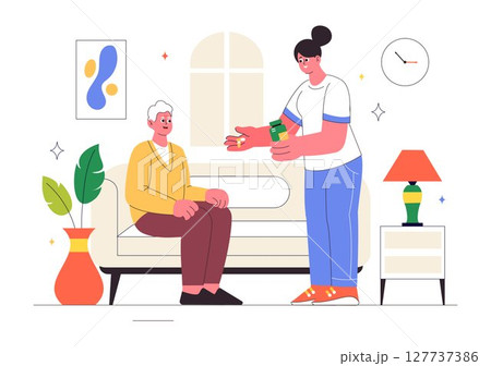 Elderly Care Services Vector Illustration Featuring Life with a Caregiver, Nursing Home, Assisted Living, and Support in a Flat Style Background 127737386