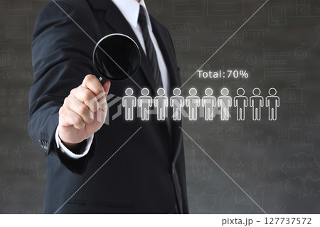 顧客や消費者の支持率やシェア率を虫眼鏡で分析するビジネスマンのイメージ画像 127737572