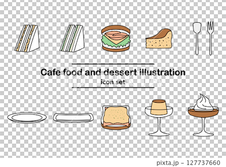 咖啡廳小吃和甜點手繪圖標套裝 | 三明治、漢堡包、布丁、蛋糕、咖啡 127737660