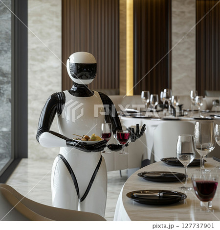 高級レストランで働く人型配膳ロボット 127737901