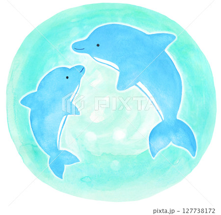イルカの親子のイラスト（背景水色） 127738172