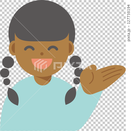 Smiling woman icon with one hand raised Smiling woman icon with one hand raised 127738194