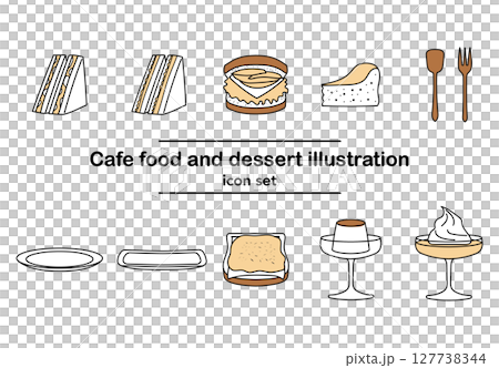 咖啡廳小吃和甜點手繪圖標套裝 | 三明治、漢堡包、布丁、蛋糕、咖啡 127738344