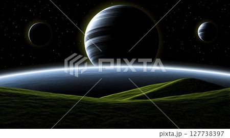 Alien Landscape with Ringed Planet and Moons Rising Above Green 127738397
