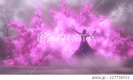 Woman in pink fire mystical fantasy scene 127738552