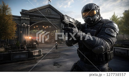 Urban soldier action scene dark dramatic lighting military game concept 127738557
