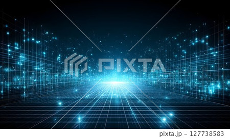 Abstract digital data stream glowing blue lines and particles 127738583