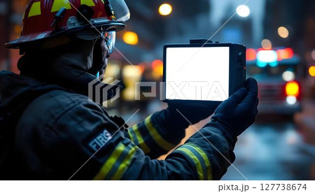 A firefighter holds up a tablet with a blank screen, ready for emergency situations 127738674