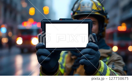 A firefighter displays a tablet with an empty screen, emphasizing the importance of digital tools in contemporary firefighting initiatives 127738675