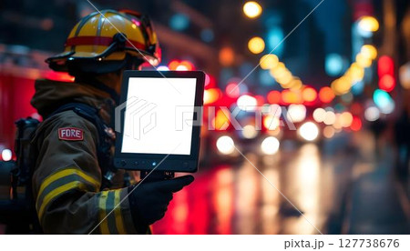 A firefighter stands with a tablet that has a blank screen, underscoring the significance of technology in firefighting 127738676