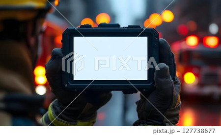 A firefighter highlights a tablet computer with an unlit display, representing preparedness for emergency situations 127738677