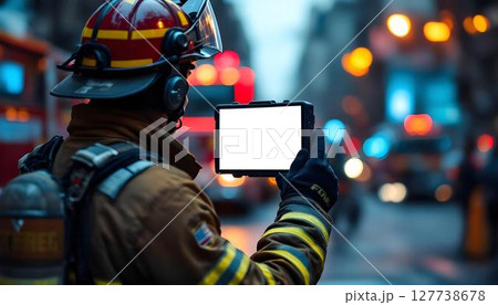 A firefighter grips a tablet with a blank screen, ready to retrieve essential information during a rescue mission 127738678
