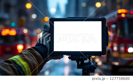 A firefighter presents a tablet with an empty screen, highlighting the role of digital tools in modern firefighting efforts 127738680