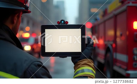 A firefighter showcases a tablet computer with a blank display, symbolizing readiness for emergency response 127738682