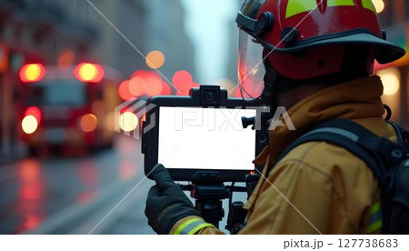 A firefighter holds a tablet with a blank screen, prepared to access vital information during a rescue operation 127738683