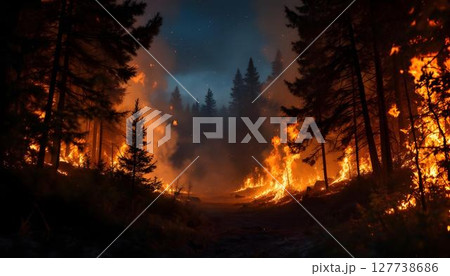 A forest fire rages in the mountains, as thick smoke and flames consume the trees in an unyielding inferno 127738686