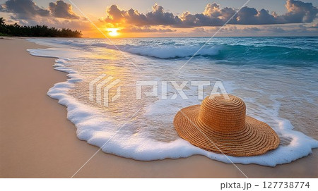 Sunset beach scene with straw hat tranquil ocean waves golden light Sunset beach scene with straw hat tranquil ocean waves golden light 127738774