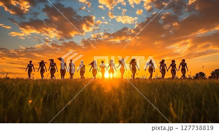 Silhouette of women walking at sunset in a field 127738819