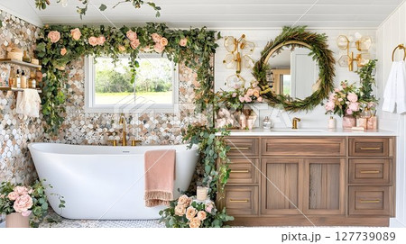 Elegant bathroom interior design with floral decor and stone wall 127739089