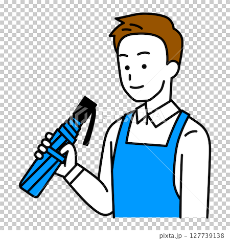 A man in an apron holding a folding umbrella 127739138