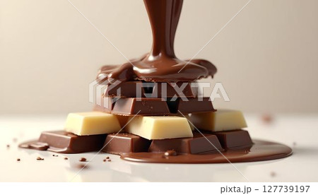 A ribbon of melted chocolate glides over a towering stack of chocolate, presenting a rich and enticing dessert 127739197