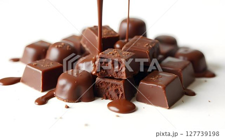 Flowing melted chocolate spills over a sumptuous heap of chocolate, crafting a luxurious and indulgent dessert tableau 127739198