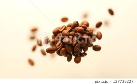 A shower of roasted coffee beans descends from above, illustrating a surreal and delightful coffee-themed landscape 127739227