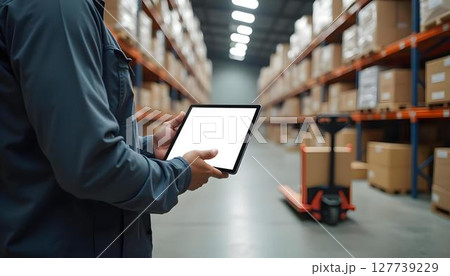 A man is focused on his work in a warehouse, holding a tablet amidst the rows of stored goods A man is focused on his work in a warehouse, holding a tablet amidst the rows of stored goods 127739229