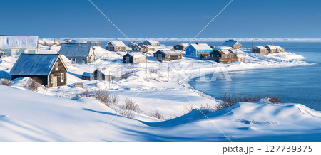 Panorama of Teriberka Historical fishing village on the shore of the Arctic Ocean. The north of Russia. 127739375