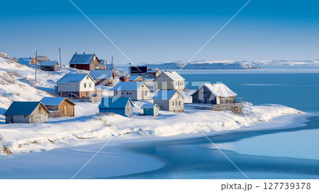 Teriberka fishermen village on the shore of the Arctic Ocean. The north of Russia. 127739378