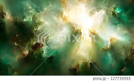 Cosmic nebula green and gold celestial cloudscape 127739393