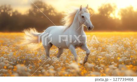 Majestic white horse gallops through the meadow daisy flowers under a dreamy, magical sunset sky. Perfect for fantasy and surreal themes. 127739466