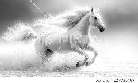 Majestic white horse white hair and nice horn gallops through white background under a magical dreamy, Perfect for fantasy and surreal themes in the heaven in monochrome. 127739467