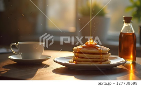 A pile of fluffy pancakes with golden honey syrup trickling down, representing a tempting breakfast option 127739699