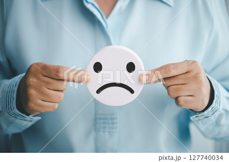 Concept good business includes handling both compliments complaints from customers ensuring employee satisfaction addressing negative feedback to prevent mental strain customer dislike with sad face 127740034
