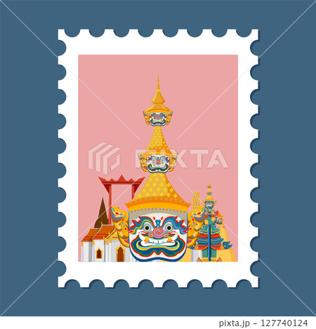 Colorful Thai Temple and Mythical Figures Illustration Colorful Thai Temple and Mythical Figures Illustration 127740124