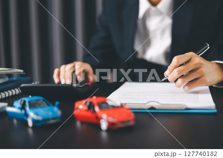 Concept business vehicle finance protection office plan investment buy sell car ensuring idea financial security. automobile agent hand protect purchase insurance and secure favorable loan deal. 127740182